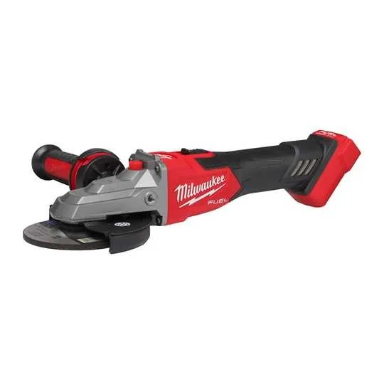Milwaukee FUEL M18 FSAGF125XB akumulatorska kotna brusilka s ploščato glavo in 125 mm diskom, zavornim sistemom in stikalom za zaklep sprožilca